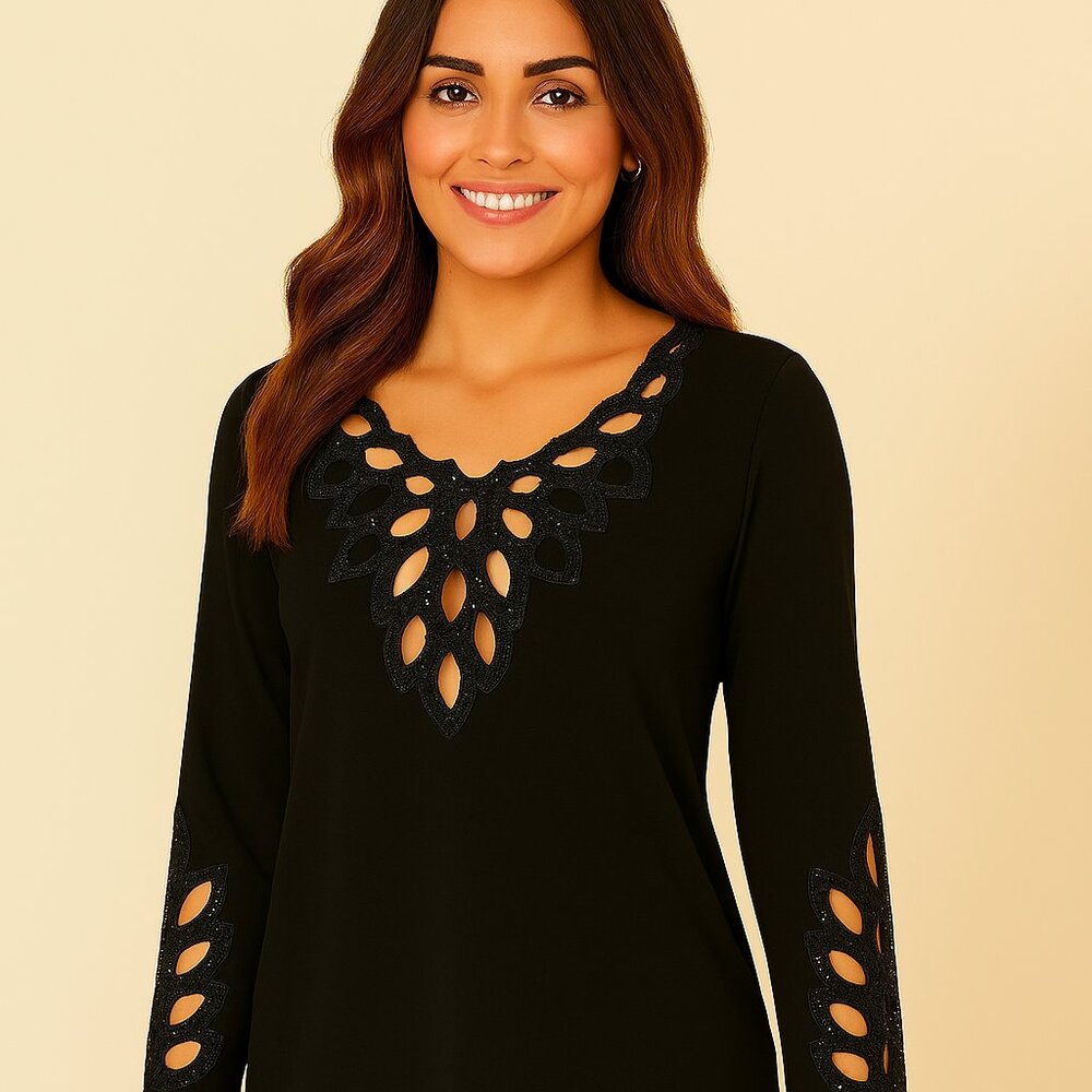 Joseph Ribkoff Style Sequin Lace Cut-Out Top (Label Removed) Size.Med